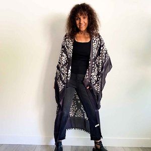 Gray Damask Print Kimono with Pom Poms